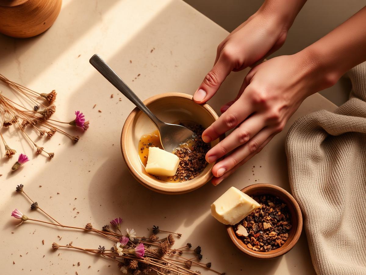 Hands blending natural skincare ingredients in a ceramic bowl